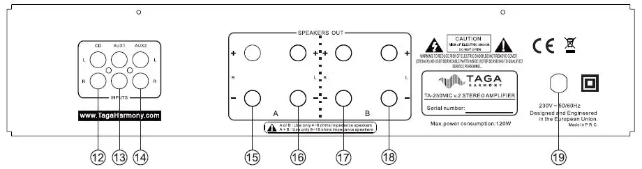 TAGA TA-250MIC Custom Install A B Speaker Stereo Amplifier fig2