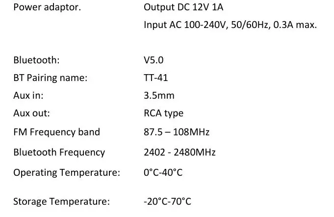 Lenco TT-41 Turntable with Radio - SPECIFICATIONS