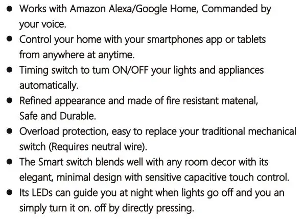 Shenzhen Eastkame Technology EK-WI4023 Wifi Touch Switch Instruction Manual - Product Features