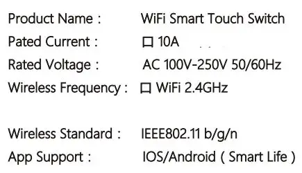 Shenzhen Eastkame Technology EK-WI4023 Wifi Touch Switch Instruction Manual - Specifications