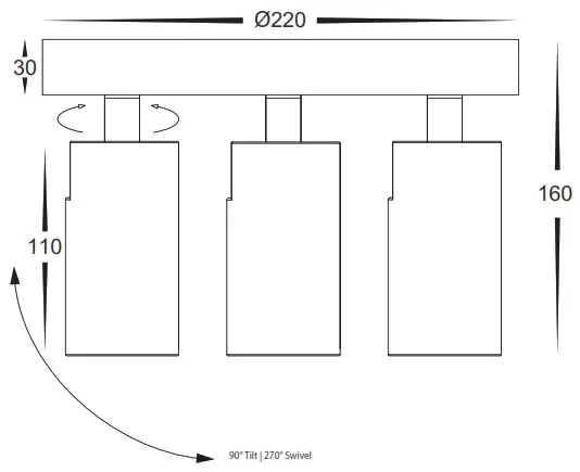 HAVIT LIGHTNING HV4002T 3 BLK RND Revo Spot Light - Dimensions