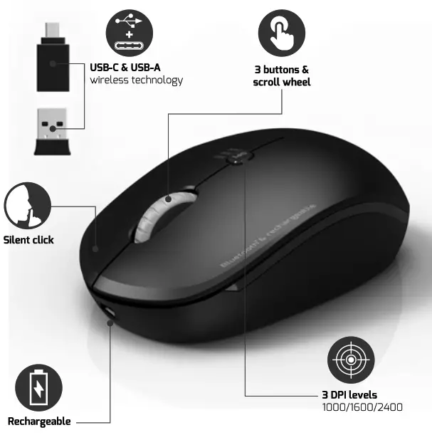 PORT CONNECT Bluetooth + Wireless & Rechargeable Mobility Mouse - CONTROL UP TO 3 DEVICES