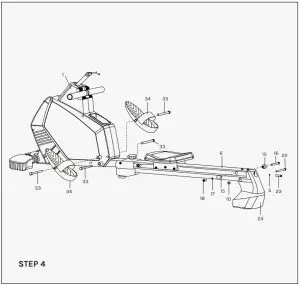 Attach the tail boom (24) to the guide rail (6) with inner hex bolt (22), nylon nut (10). 2. Attach the limiting base (15) to the guide rail (6) with axle for limiting base (16), flat washer (17) and  cross screw (18). 3. Attach the pedal (34) to the main frame (1) with the long bolt (33). Then attach the tail boom (24) to  the guide rail (6) with inner hex bolt (23) and flat washer (5).