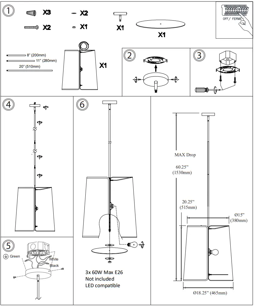Dainolite NDR-183P Notched Drum 3 Light White Modern Contemporary Drum Pendant Light - Mounting 1
