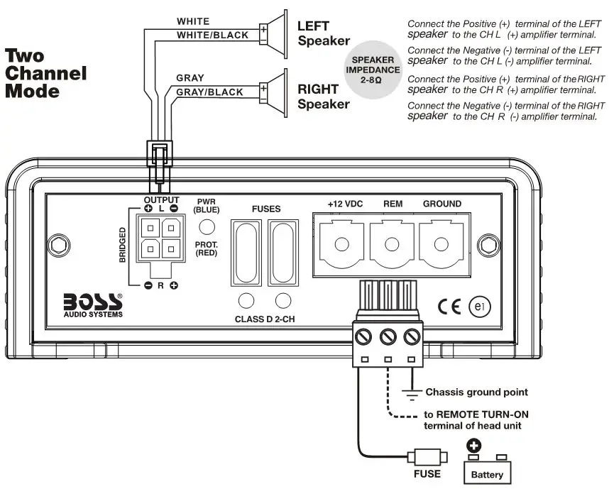 BOSSAUDIO Class D Monoblock Power Amplifier - Power and Speaker Wiring 2 Channel Modes