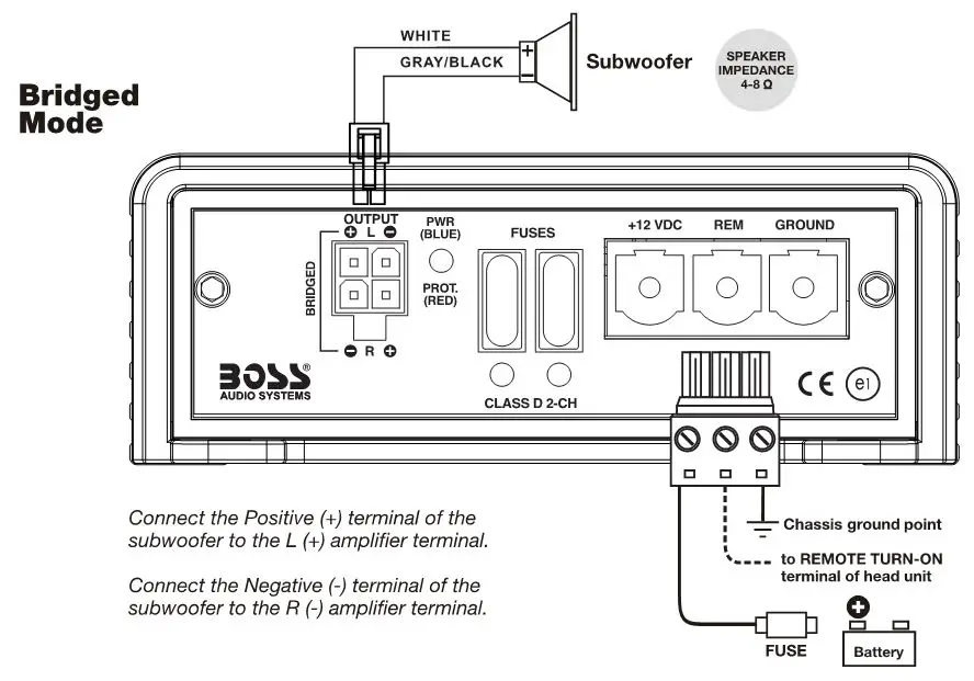 BOSSAUDIO Class D Monoblock Power Amplifier - Power and Speaker Wiring Bridged Modes