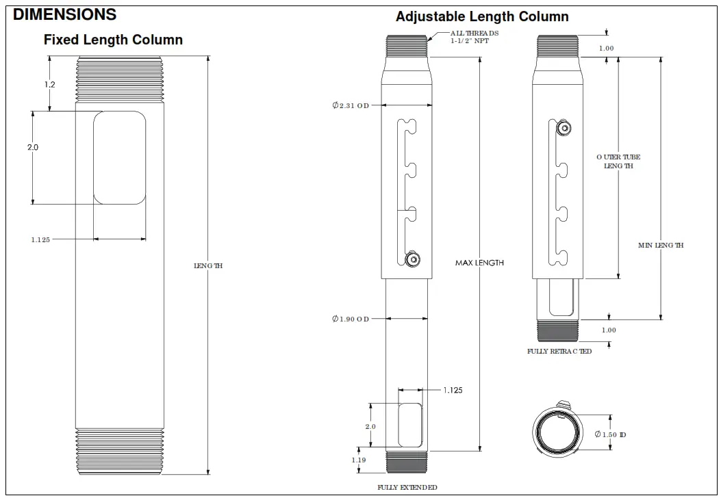 CHIEF Fixed and Adjustable Length Columns - DIMENSIONS