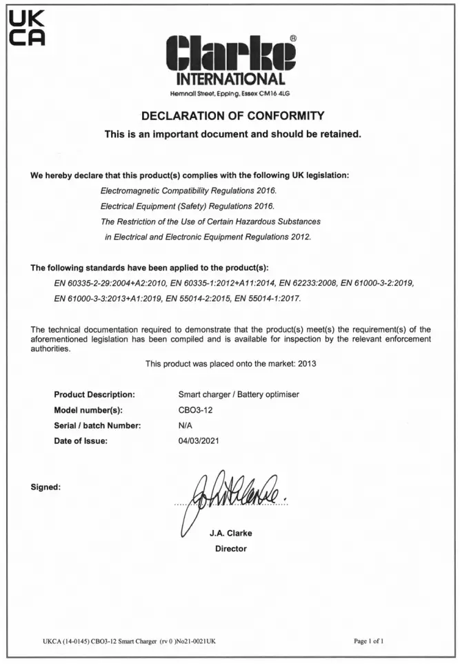 DECLARATION OF CONFORMITY