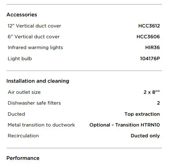 FISHER PAYKEL HCB36-12_N Wall Range Hood - SPECIFICATIONS