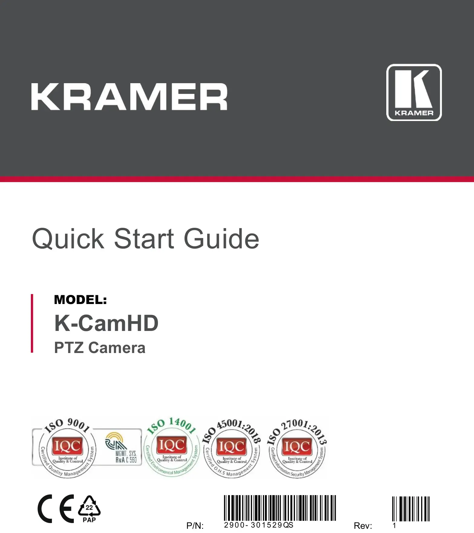 KRAMER K-CamHD 1080p Pro USB PTZ Camera User Guide