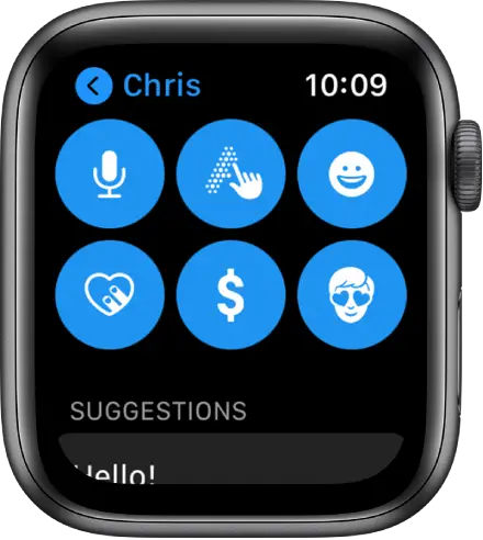 A Messages screen showing the Apple Pay button along with Dictate, Scribble, Emoji, Digital Touch, and Memoji buttons.
