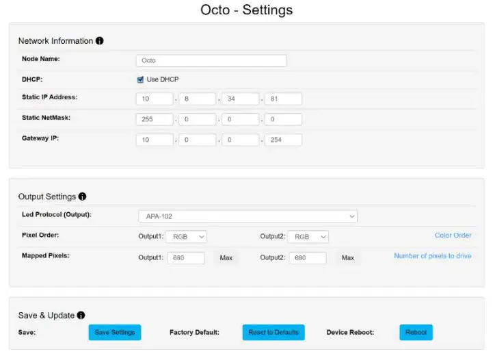 ENTTEC ENT71521 OCTO MK2 DIN Rail LED Pixel Controller - Settings