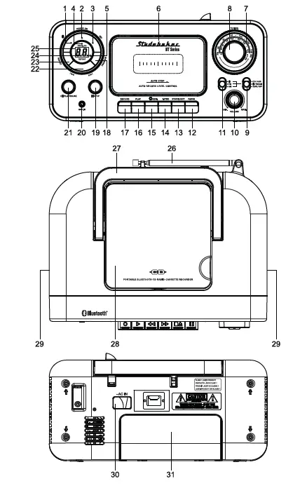 Studebaker SB2135BT Portable Stereo CD Player with Bluetooth AM-FM Stereo Radio and Cassette Player-Recorder fig 4