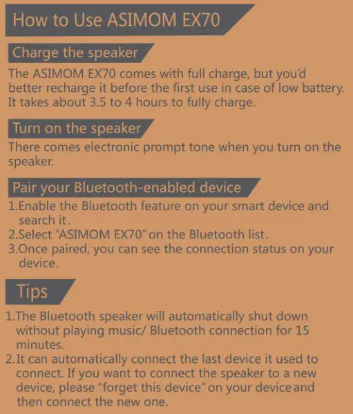 Asimom Wireless Bluetooth Speaker ASIMOM EX70 - How to use