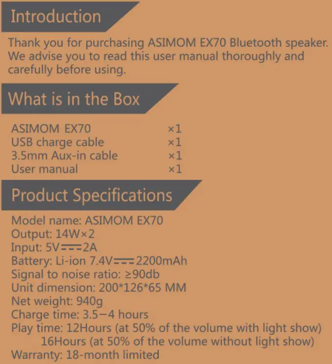 Asimom Wireless Bluetooth Speaker ASIMOM EX70 - Introduction, Box Content, Specifications