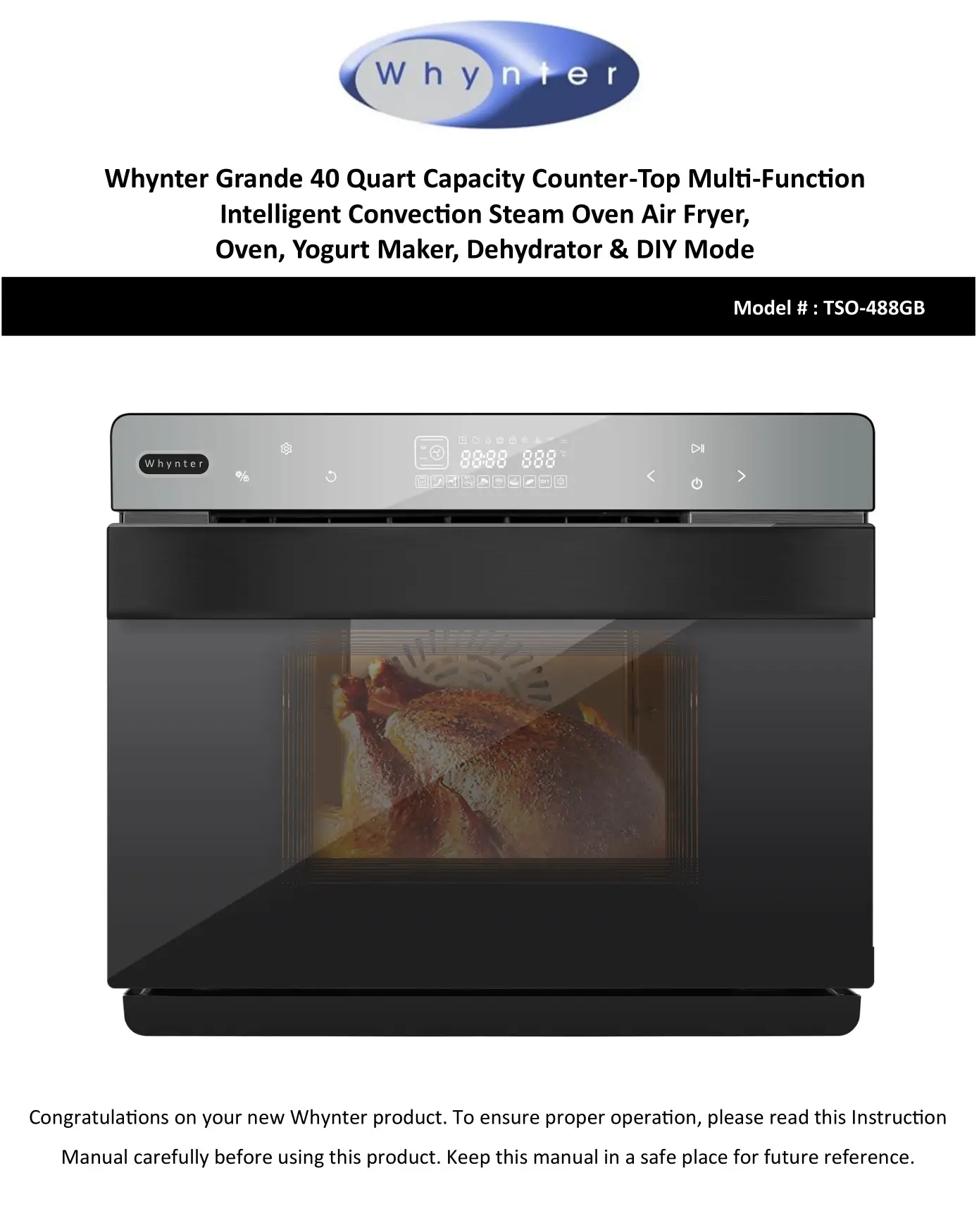 Whynter TSO-488GB Countertop Multi Function Convection Steam Oven Instruction Manual