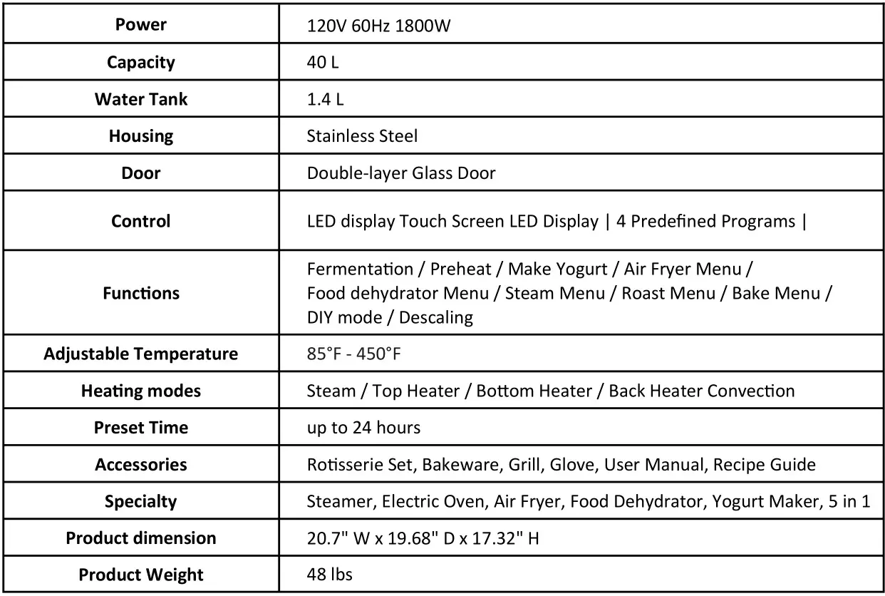 Whynter TSO-488GB Countertop Multi Function Convection Steam Oven - SPECIFICATIONS
