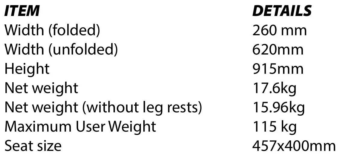 aidapt SGLY00100818A Deluxe Self Propelled Steel Transit Chair - SPECIFICATIONS