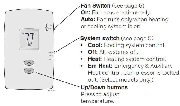 Honeywell Non-Programmable Thermostat - Quick reference to controls