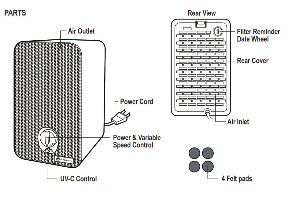 guardian technologies Table Top Air Purifier - PRODUCT SPECIFICATIONS AND PARTS