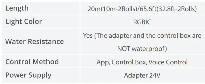 Govee H619E RGBIC LED Strip Lights User Manual - Specifications