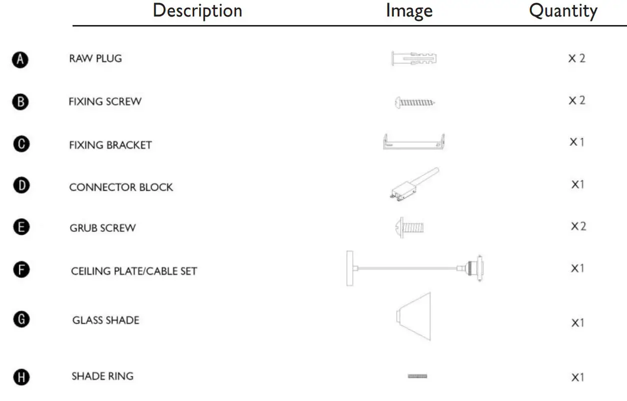 JOHN LEWIS Glass Cone Ceiling Pendant User Guide - Parts list
