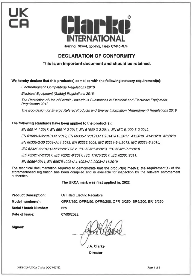 Clarke OFR9-200 2KW Oil Filled Radiator - 1