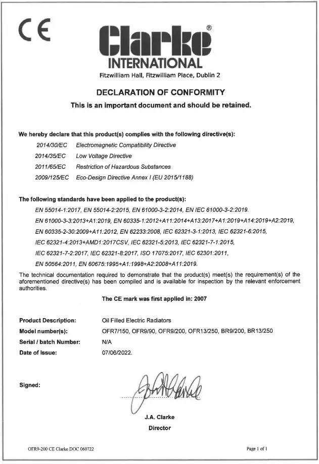Clarke OFR9-200 2KW Oil Filled Radiator - 2