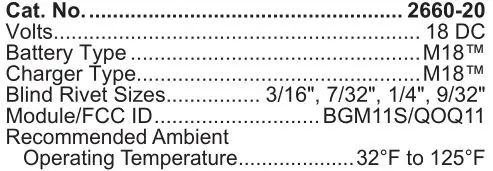 milwaukee 2660-20 M18 Fuel 1 by 4 inch Blind Rivet Tool W one-Key - SPECIFICATIONS
