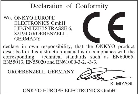 ONKYO A-9050, A-9030 Integrated Amplifier - Declaration of Conformity