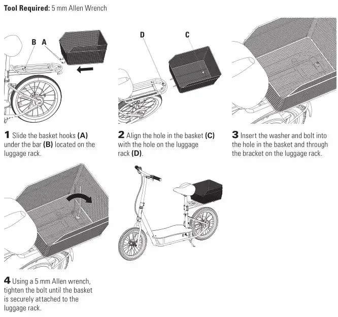 RAZOR ECOSMART METRO ELECTRIC SCOOTER ATTACHING THE BASKET SETUP IMAGE