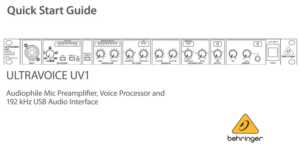 behringer ULTRAVOICE UV1 Audiophile Mic Preamplifier User Guide