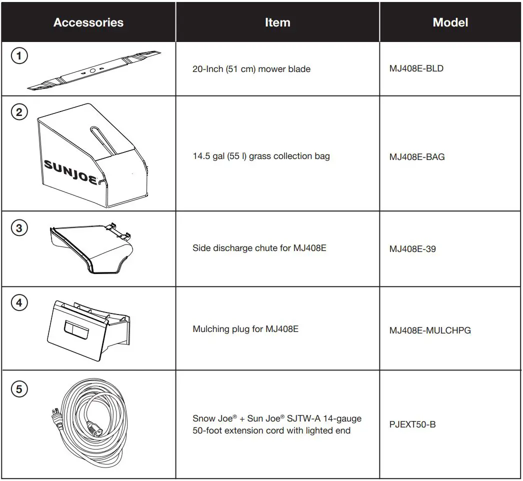 SNOWJOE MJ408E 20 Inch Electric Lawn Mower User Manual - Accessories