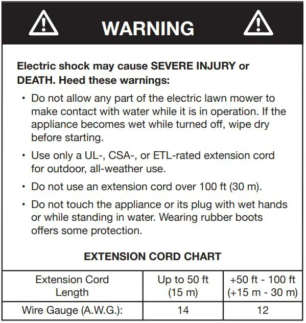 SNOWJOE MJ408E 20 Inch Electric Lawn Mower User Manual - EXTENSION CORD CHART