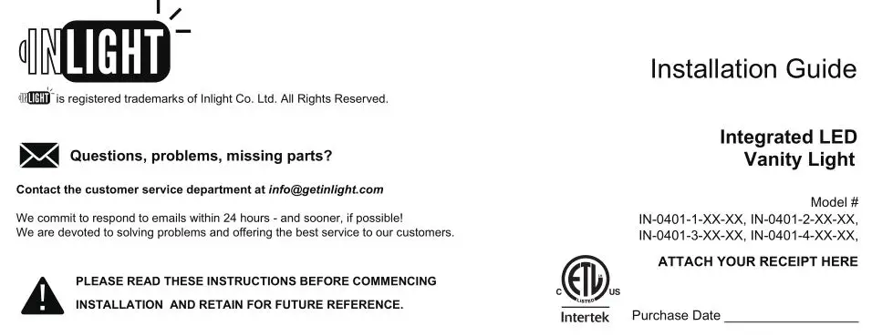 IN LIGHT Integrated LED Vanity Light Installation Guide