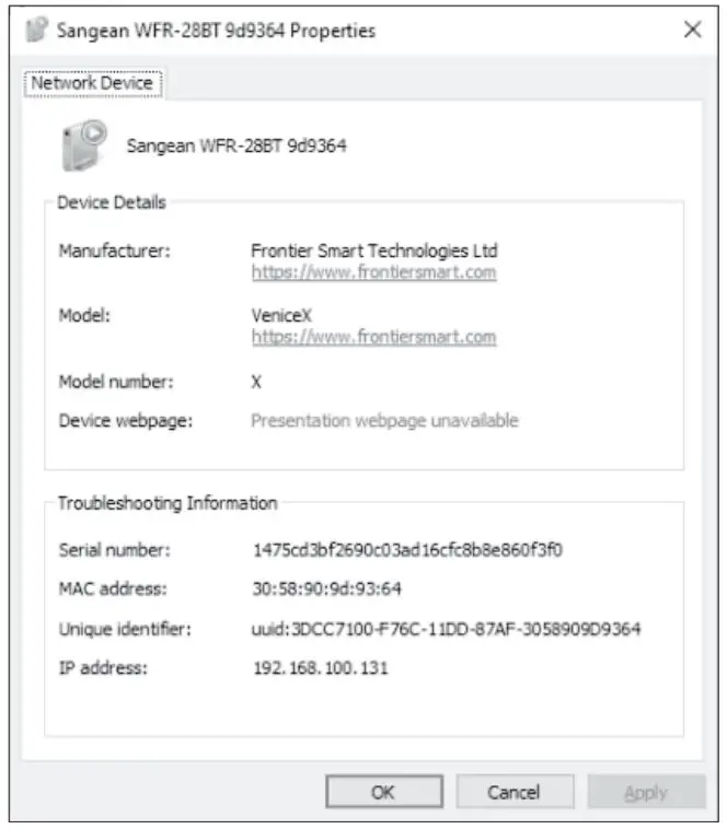 SANGEAN WFR-28BT Ultra Compact Portable Internet Radio - After clicking [Properties], copy the radio's IP address