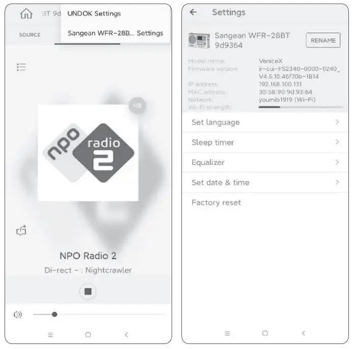 SANGEAN WFR-28BT Ultra Compact Portable Internet Radio - Configuring the radio's settings using the UNDOK app