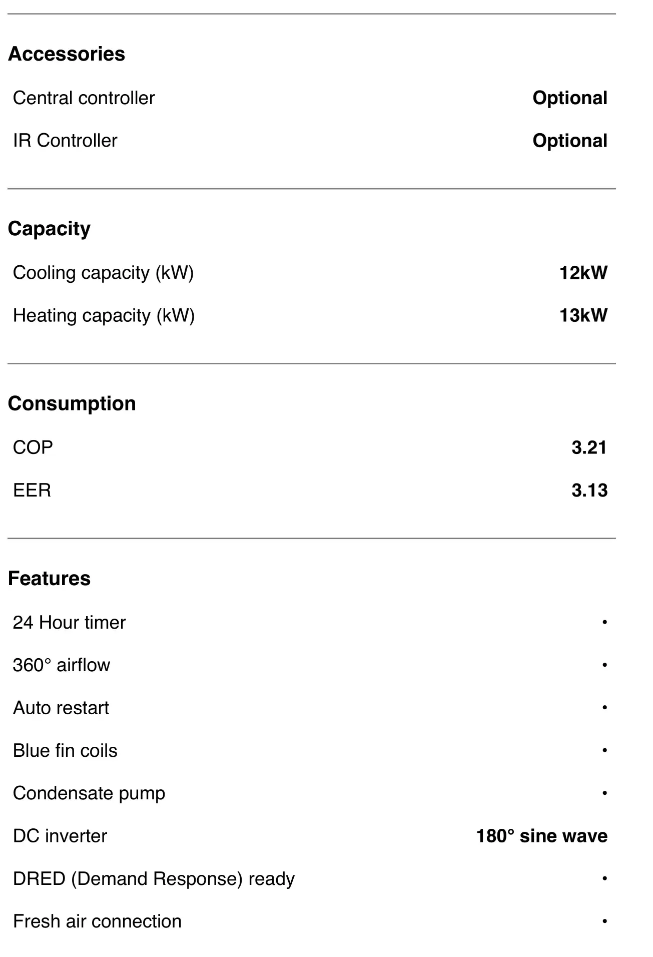Haier ABH125K5ERG 12.5 kW Cassette - SPECIFICATIONS