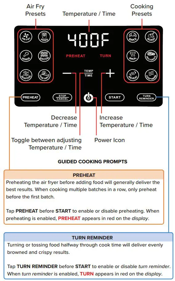 Gourmia GAF476 4 QT Stainless Steel digital Air Fryer User Manual - DISPLAY AND CONTROL PANEL