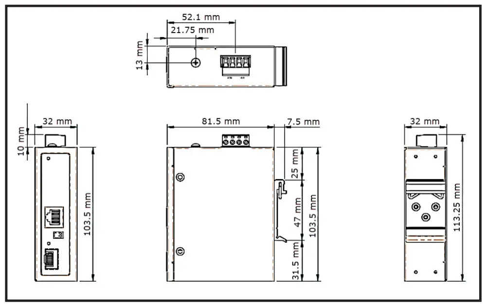 StarTech IMC1GSFP60W Industrial RJ45 to Open SFP Mini PoE Media Converter - Dimensions