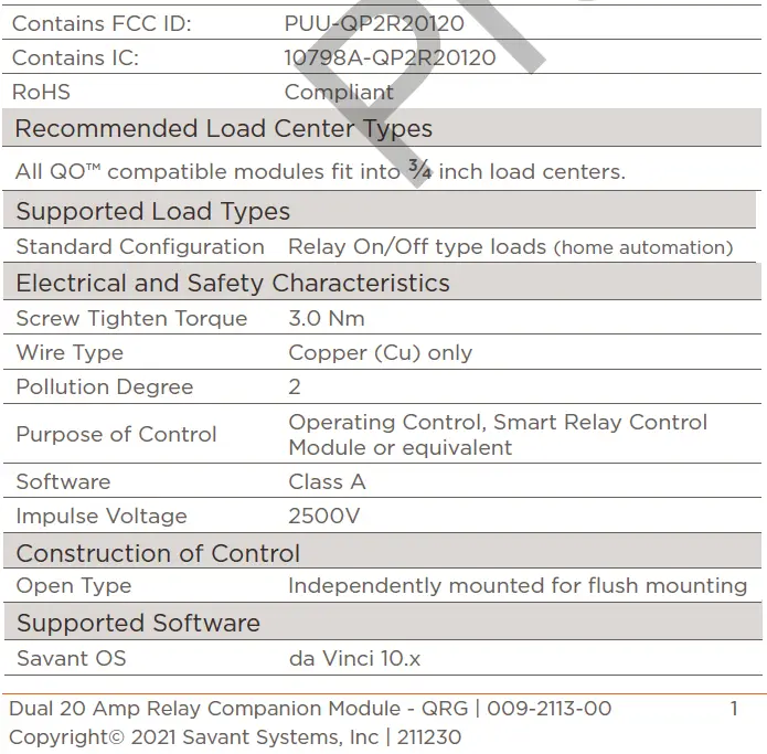 SAVANT QP2R20120 Dual 20 Amp Relay Companion Module 5