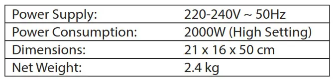 PureMate Ceramic Tower Heater PM 1550 - SPECIFICATION