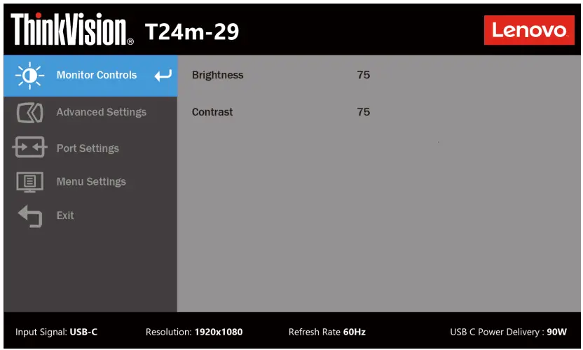 Lenovo D21238FT0 T24m 29 Flat Panel Monitor - On-Screen Display