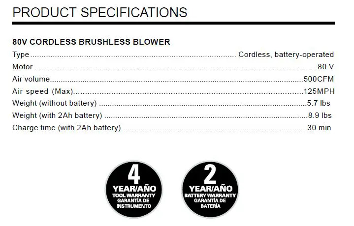 Greenwork 80V Cordless Brushless Blower - product Specifications