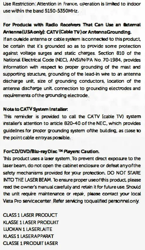 VIETA PRO VM-BS57 Upper 3 Speaker User Guide - Security