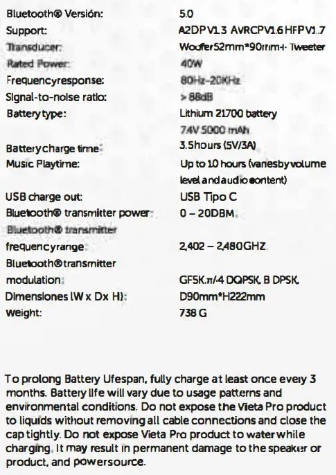 VIETA PRO VM-BS57 Upper 3 Speaker User Guide - Tech Specs