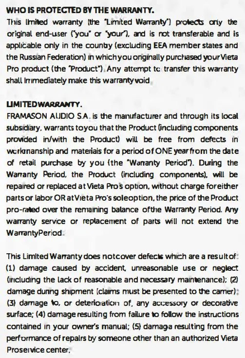 VIETA PRO VM-BS57 Upper 3 Speaker User Guide - Warranty