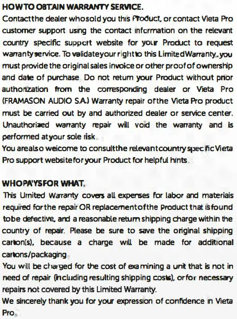 VIETA PRO VM-BS57 Upper 3 Speaker User Guide - Warranty