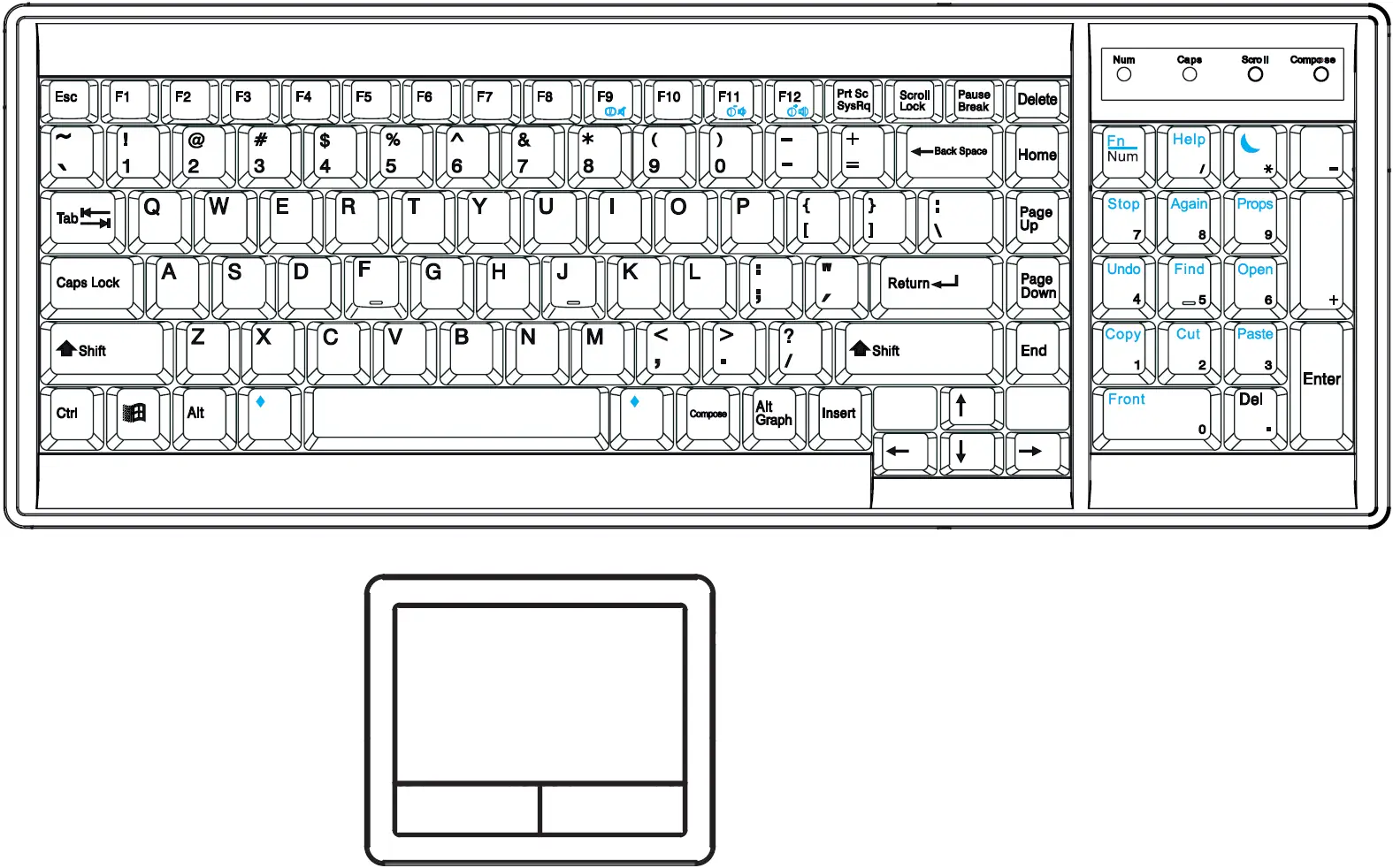 S keyboard integrated with touchpad