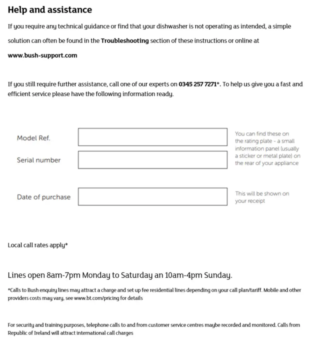 Bush BFSSAE12W Full Size Dishwasher - Help and Assistance